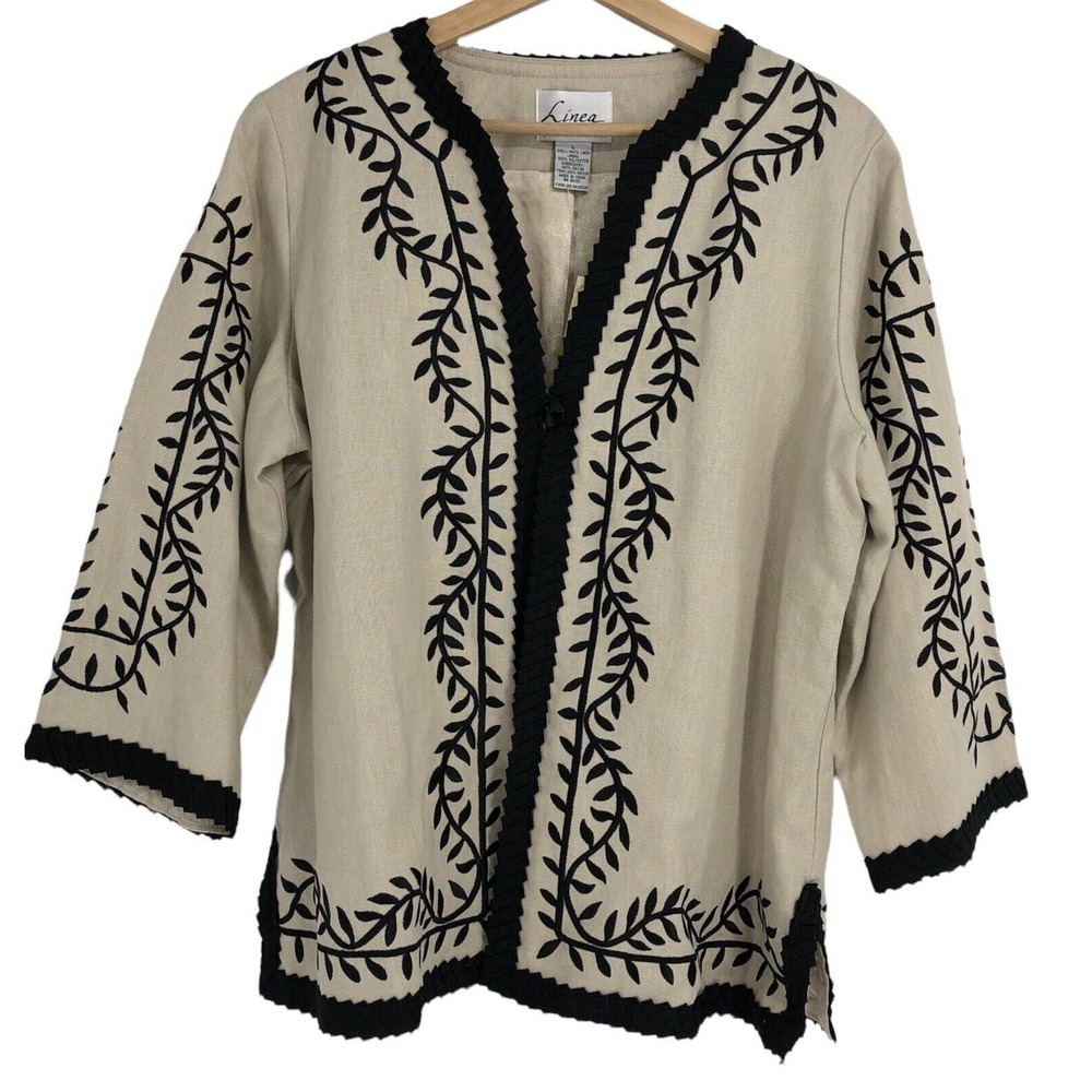 Linea Louis Dell'Olio Jacket Womens Large L Tan Cream Black 3/4 Sleeve Linen NWT